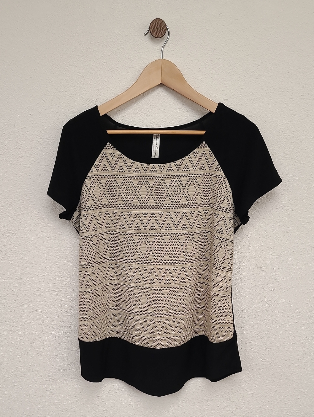 Black & Beige Lace-Front Short Sleeve Tee
